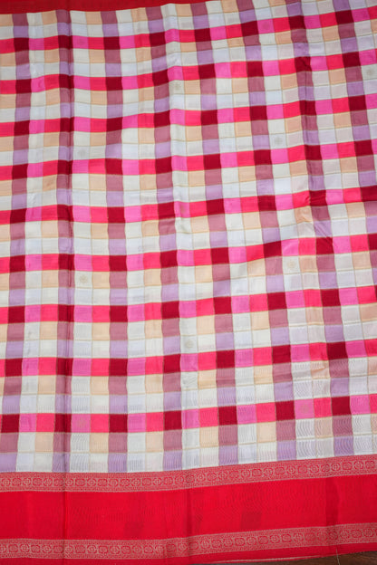 Munga Crepe Silk Saree – Multicolour Checks with Red Zari Pallu