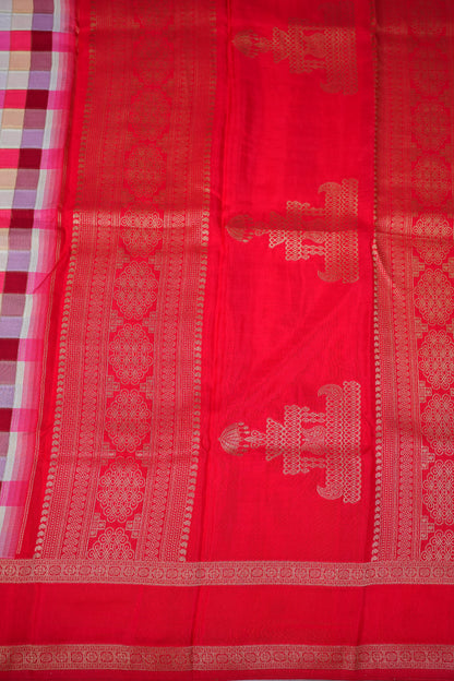 Munga Crepe Silk Saree – Multicolour Checks with Red Zari Pallu