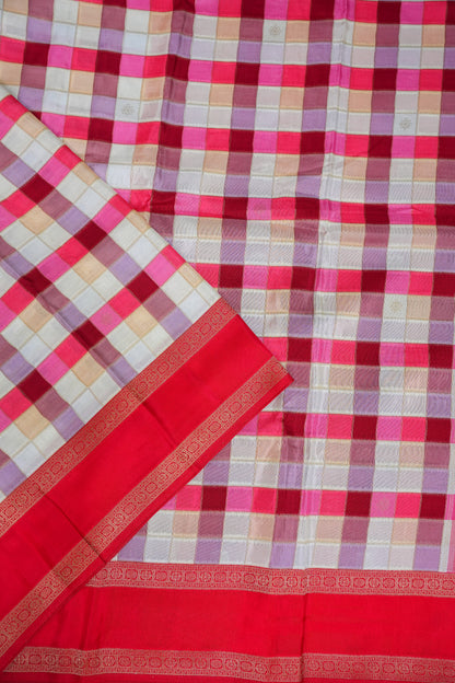 Munga Crepe Silk Saree – Multicolour Checks with Red Zari Pallu