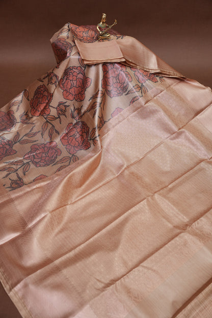 Digital Printed Semi Silk Saree - Peach Beige with Rust