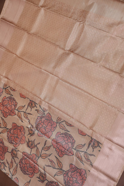 Digital Printed Semi Silk Saree - Peach Beige with Rust