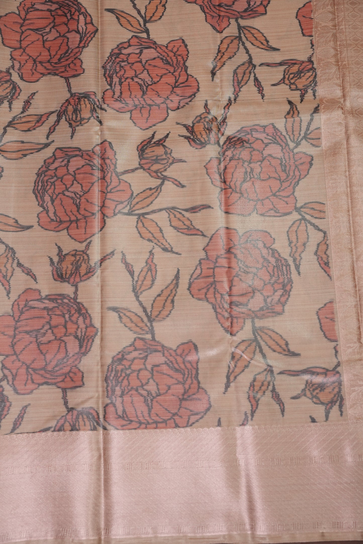 Digital Printed Semi Silk Saree - Peach Beige with Rust