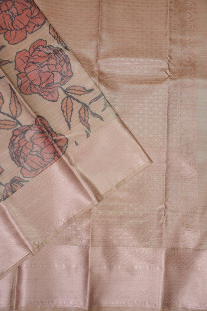 Digital Printed Semi Silk Saree - Peach Beige with Rust