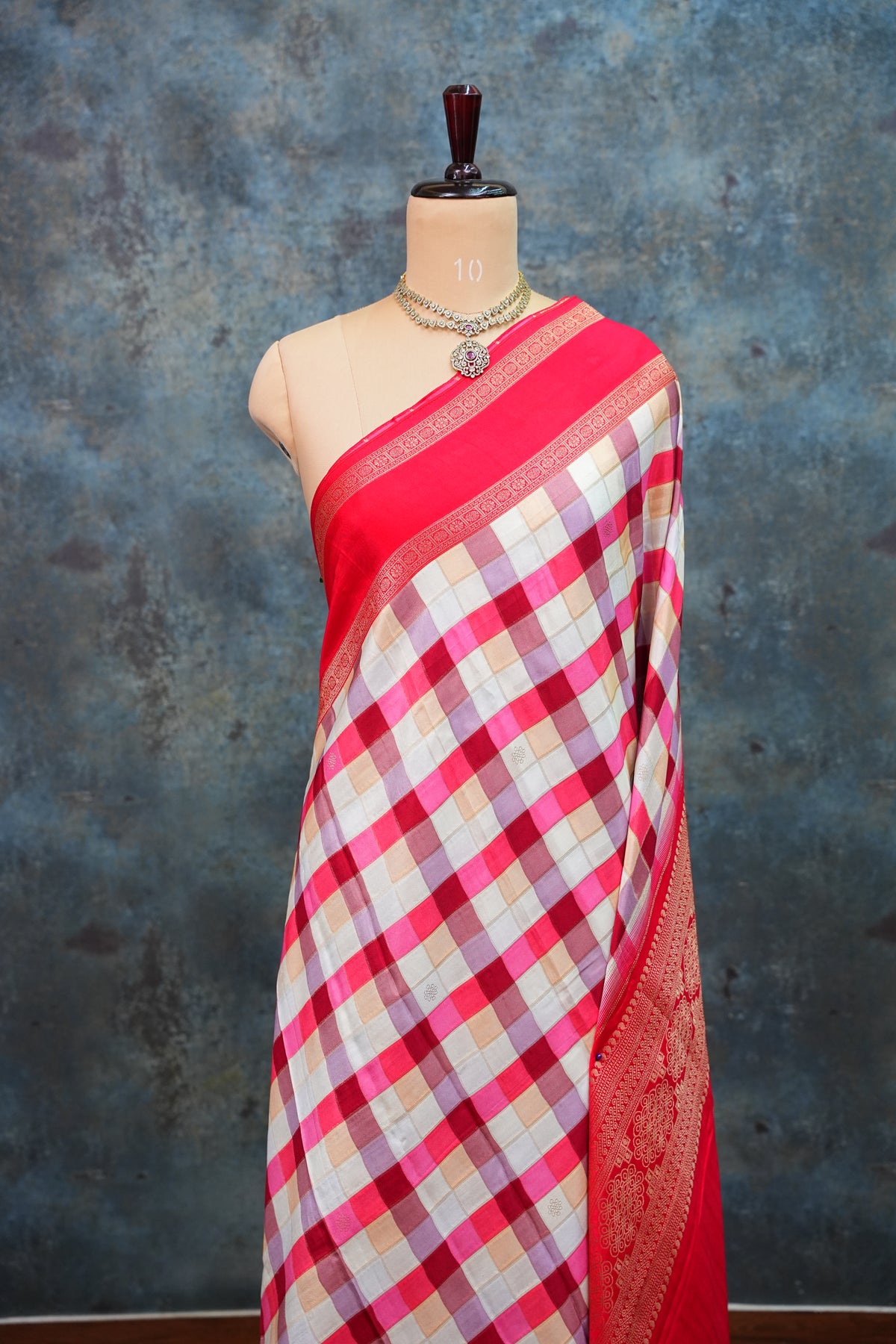Munga Crepe Silk Saree – Multicolour Checks with Red Zari Pallu