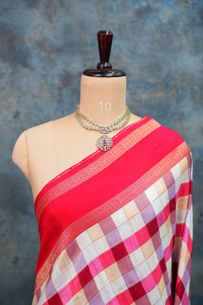 Munga Crepe Silk Saree – Multicolour Checks with Red Zari Pallu