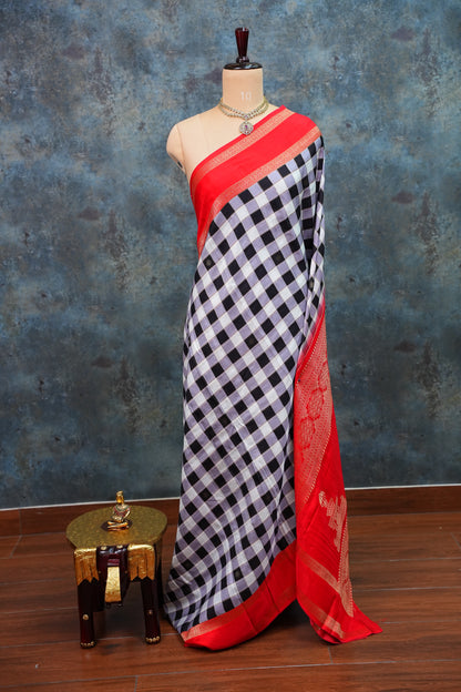 Munga Crepe Silk Saree – Black & White Checks with Red Zari Pallu