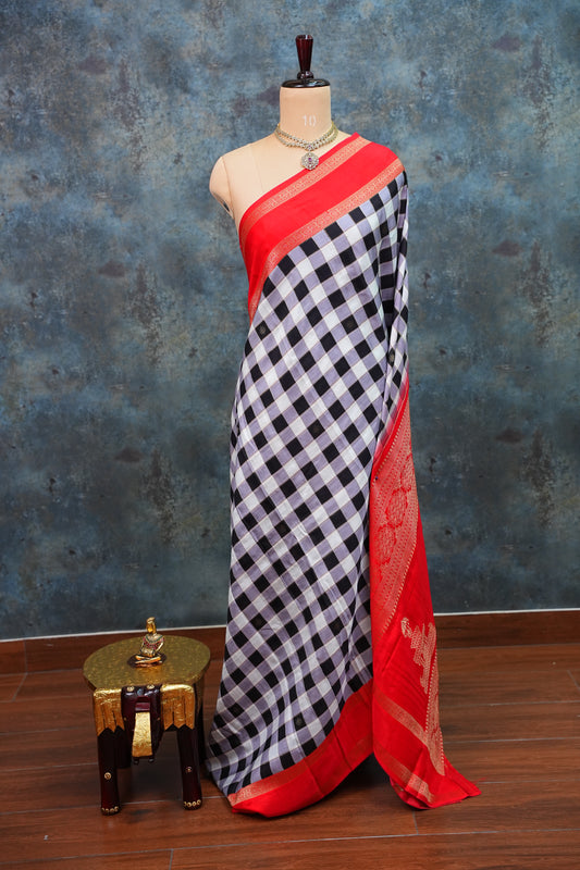 Munga Crepe Silk Saree – Black & White Checks with Red Zari Pallu