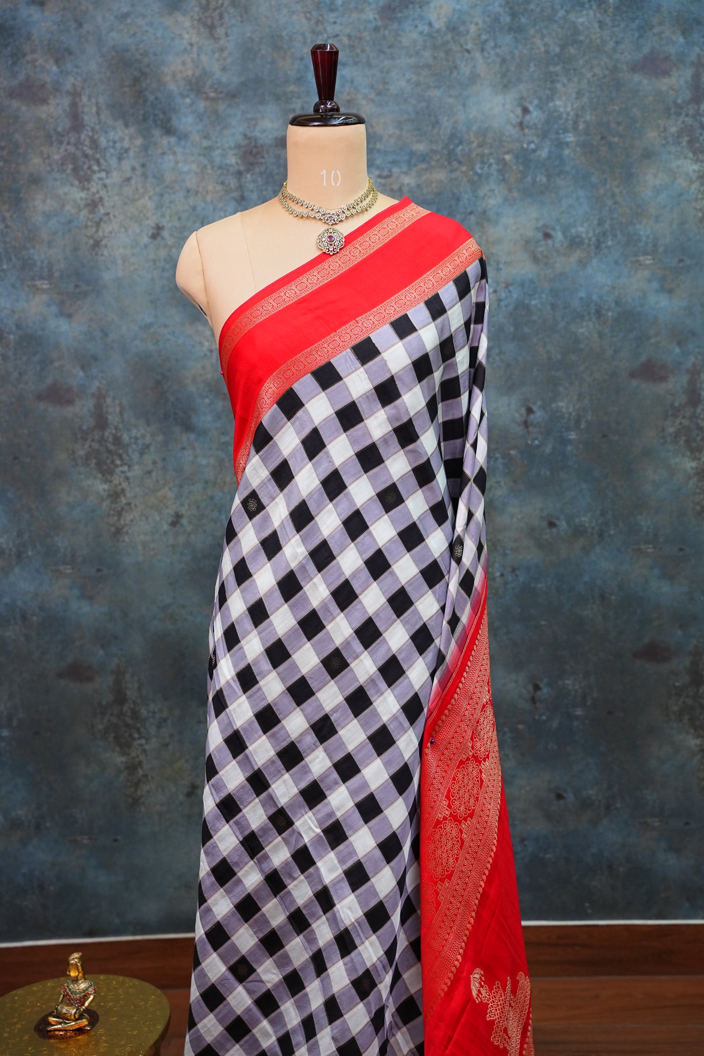 Munga Crepe Silk Saree – Black & White Checks with Red Zari Pallu