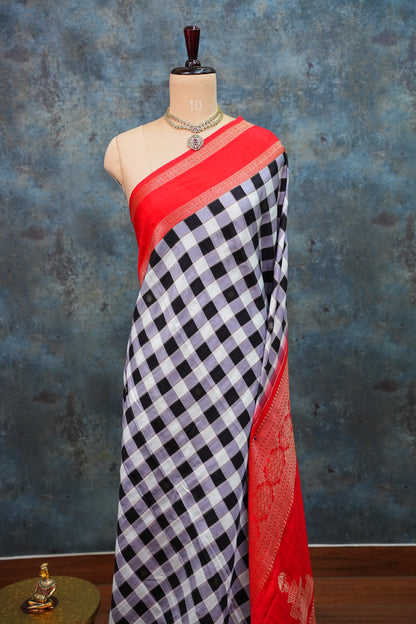 Munga Crepe Silk Saree – Black & White Checks with Red Zari Pallu