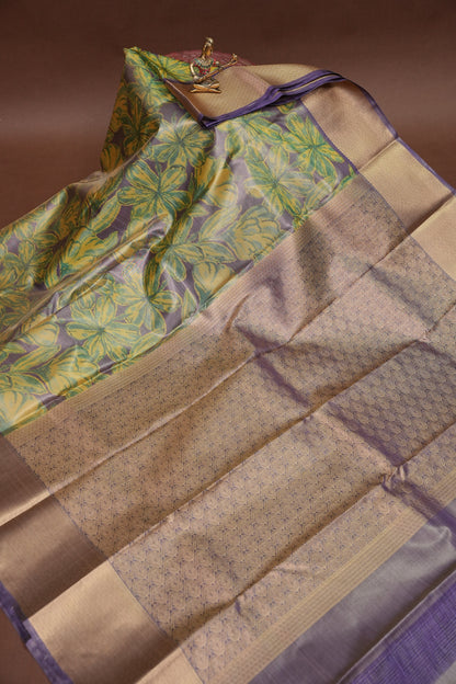 Digital Printed Semi Silk Saree - Muted Lavender Grey with Lime Yellow