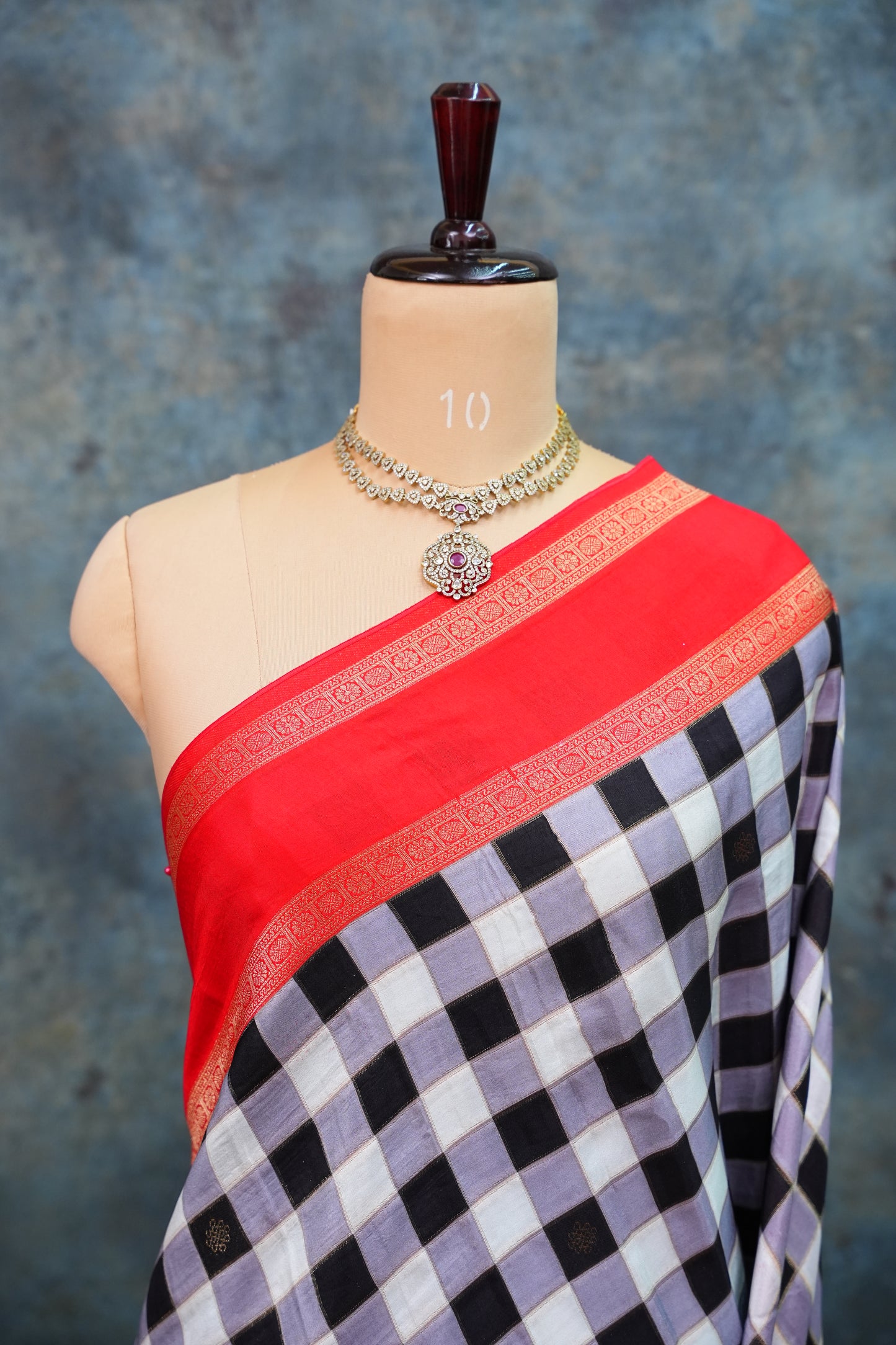 Munga Crepe Silk Saree – Black & White Checks with Red Zari Pallu