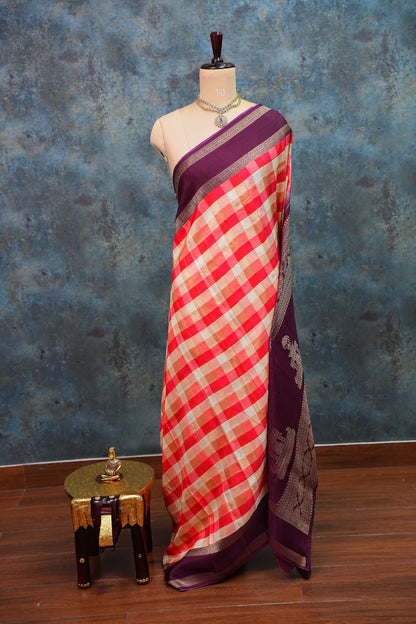 Munga Crepe Silk Saree – Multicolour Checks with Plum Purple Zari Pallu