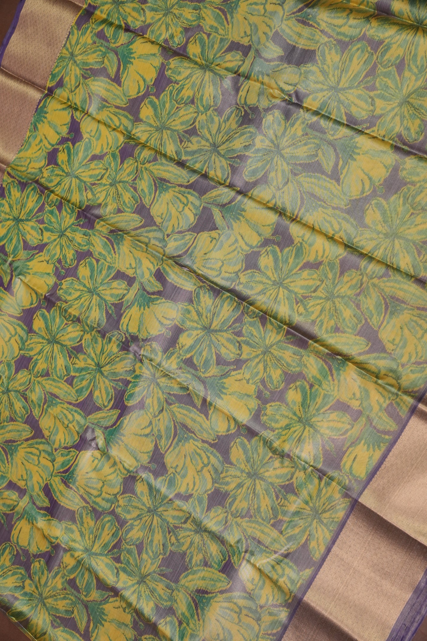 Digital Printed Semi Silk Saree - Muted Lavender Grey with Lime Yellow
