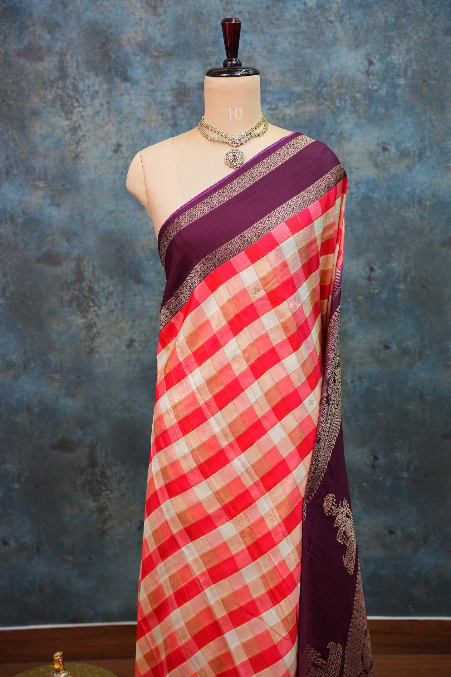 Munga Crepe Silk Saree – Multicolour Checks with Plum Purple Zari Pallu