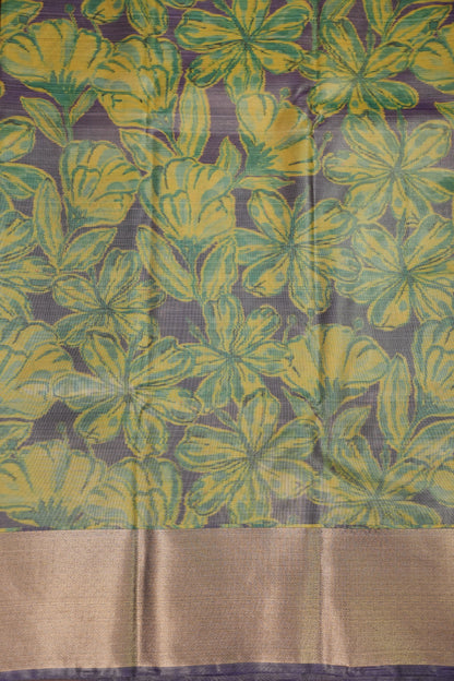 Digital Printed Semi Silk Saree - Muted Lavender Grey with Lime Yellow