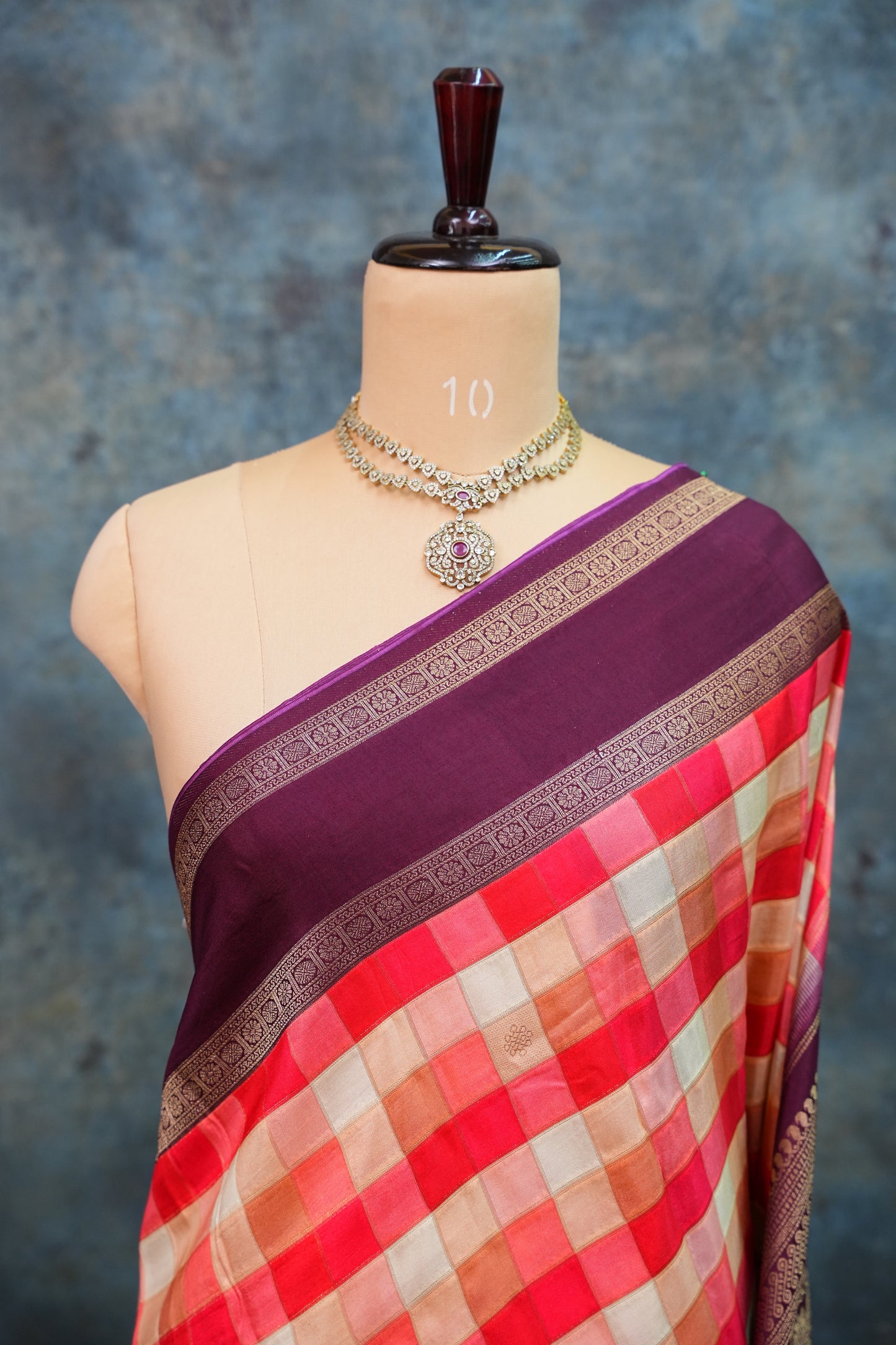 Munga Crepe Silk Saree – Multicolour Checks with Plum Purple Zari Pallu