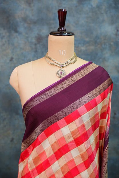 Munga Crepe Silk Saree – Multicolour Checks with Plum Purple Zari Pallu