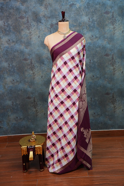 Munga Crepe Silk Saree – Pastel Multicolour Checks with Plum Purple Zari Pallu