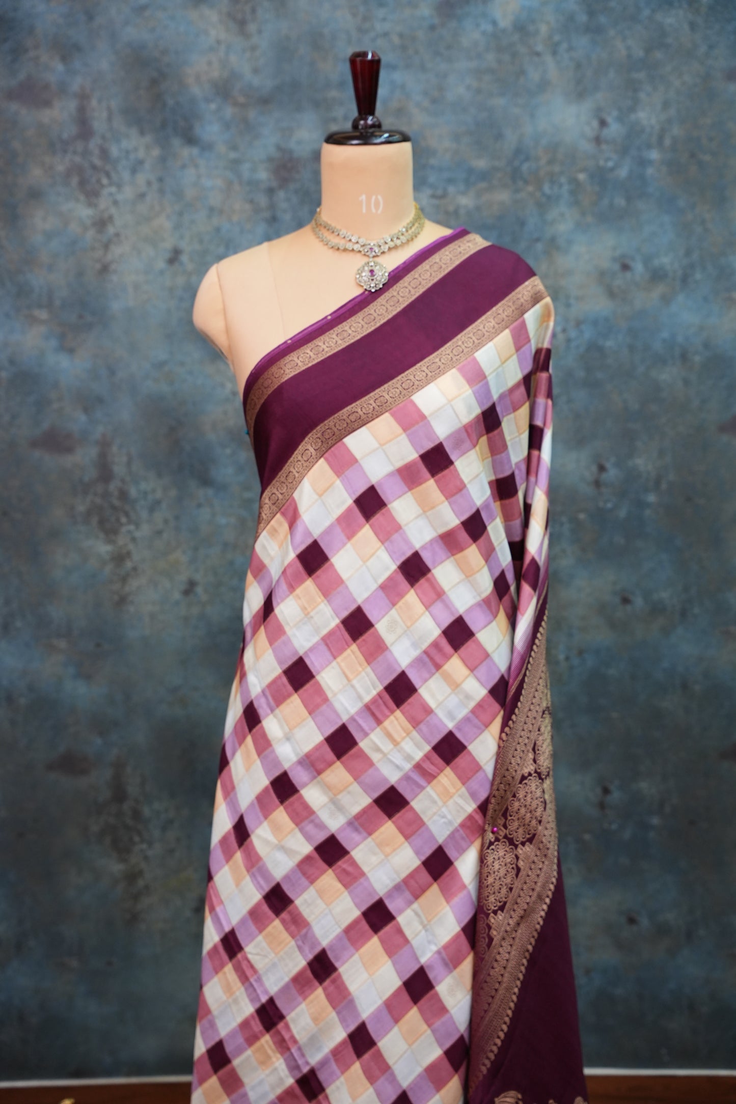 Munga Crepe Silk Saree – Pastel Multicolour Checks with Plum Purple Zari Pallu