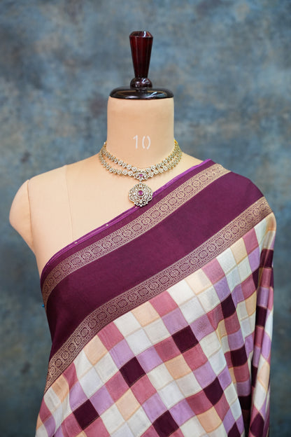 Munga Crepe Silk Saree – Pastel Multicolour Checks with Plum Purple Zari Pallu