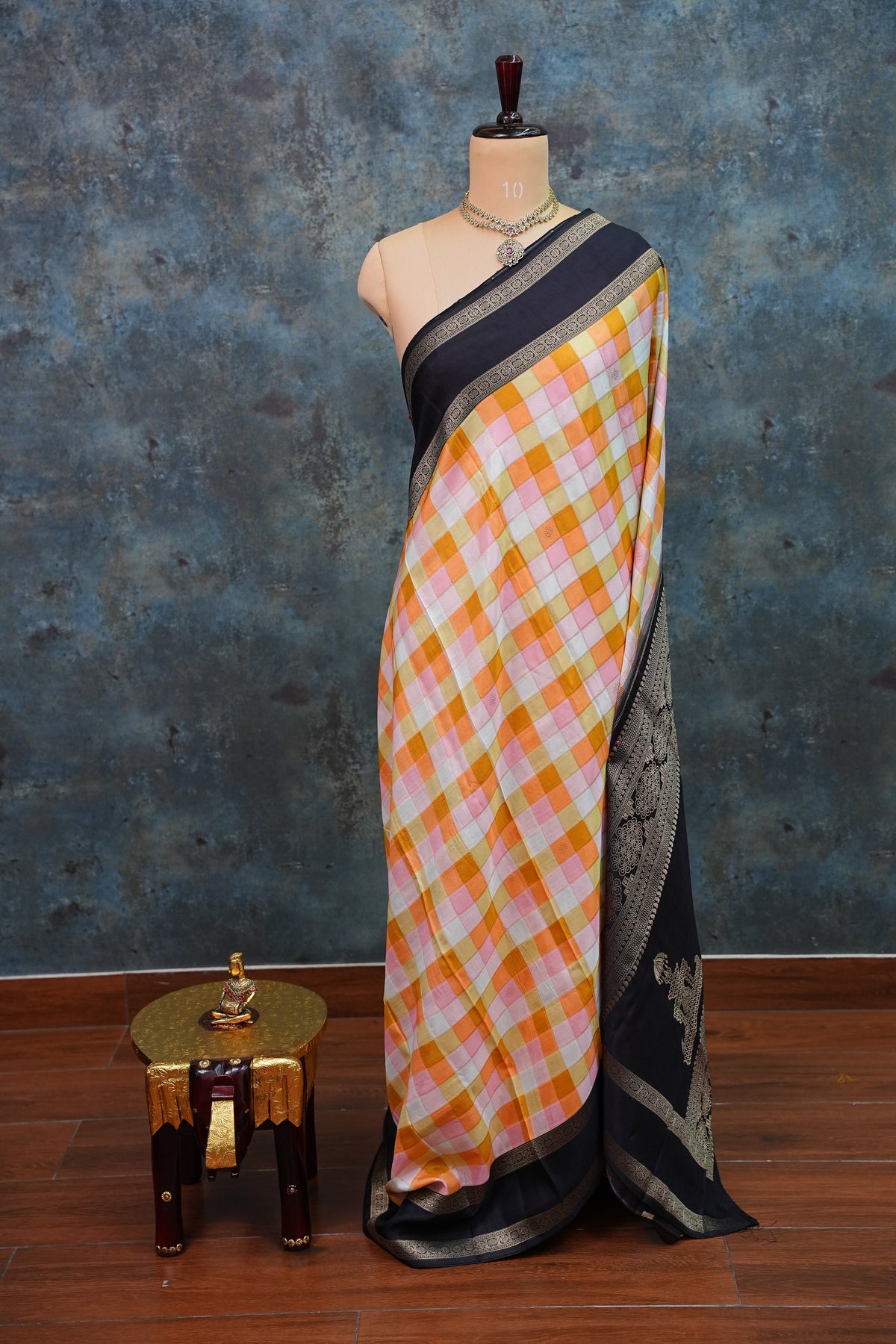 Munga Crepe Silk Saree – Pastel Multicolour Checks with Black Zari Pallu