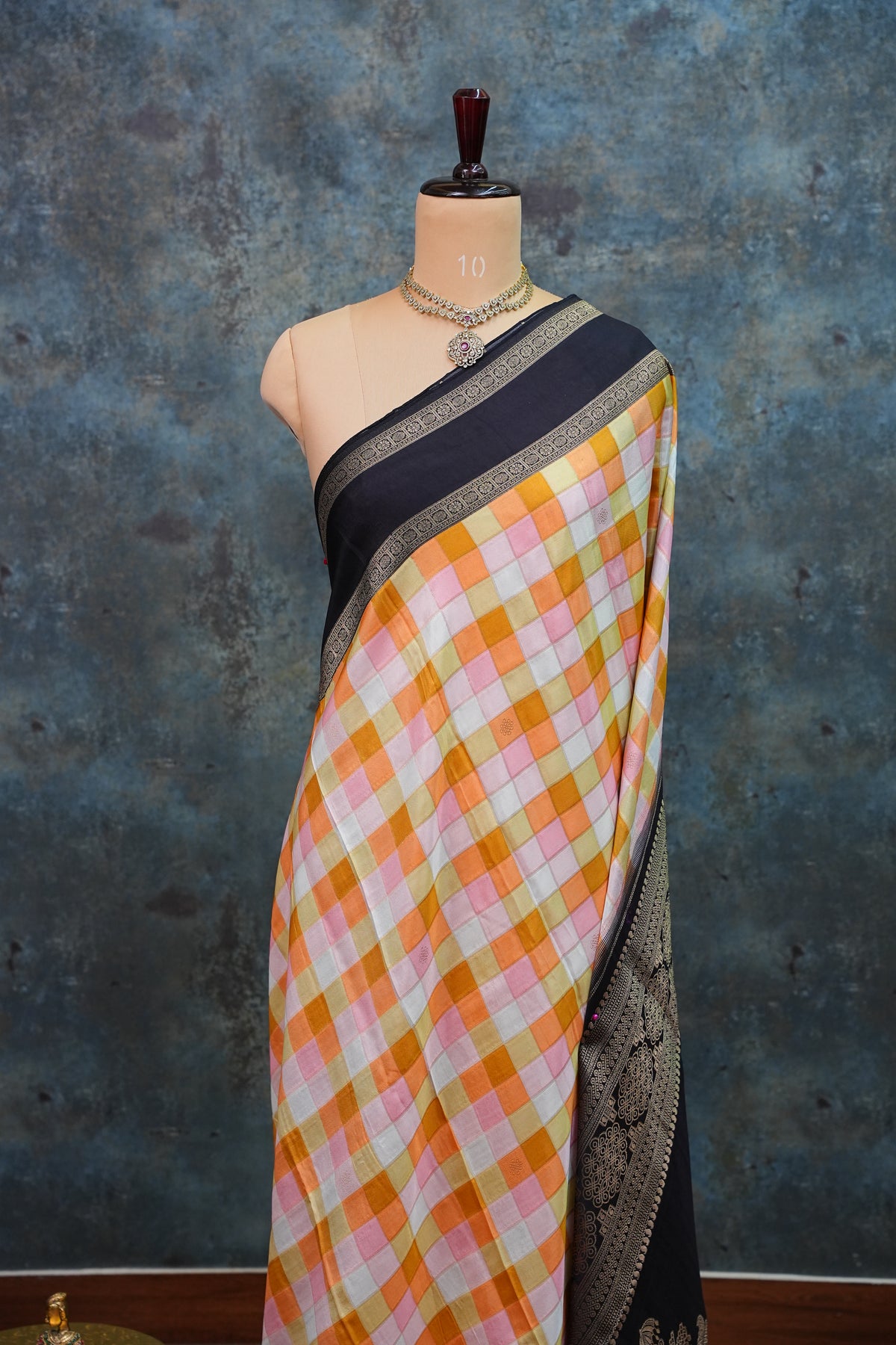 Munga Crepe Silk Saree – Pastel Multicolour Checks with Black Zari Pallu