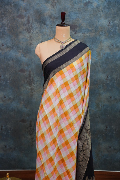 Munga Crepe Silk Saree – Pastel Multicolour Checks with Black Zari Pallu
