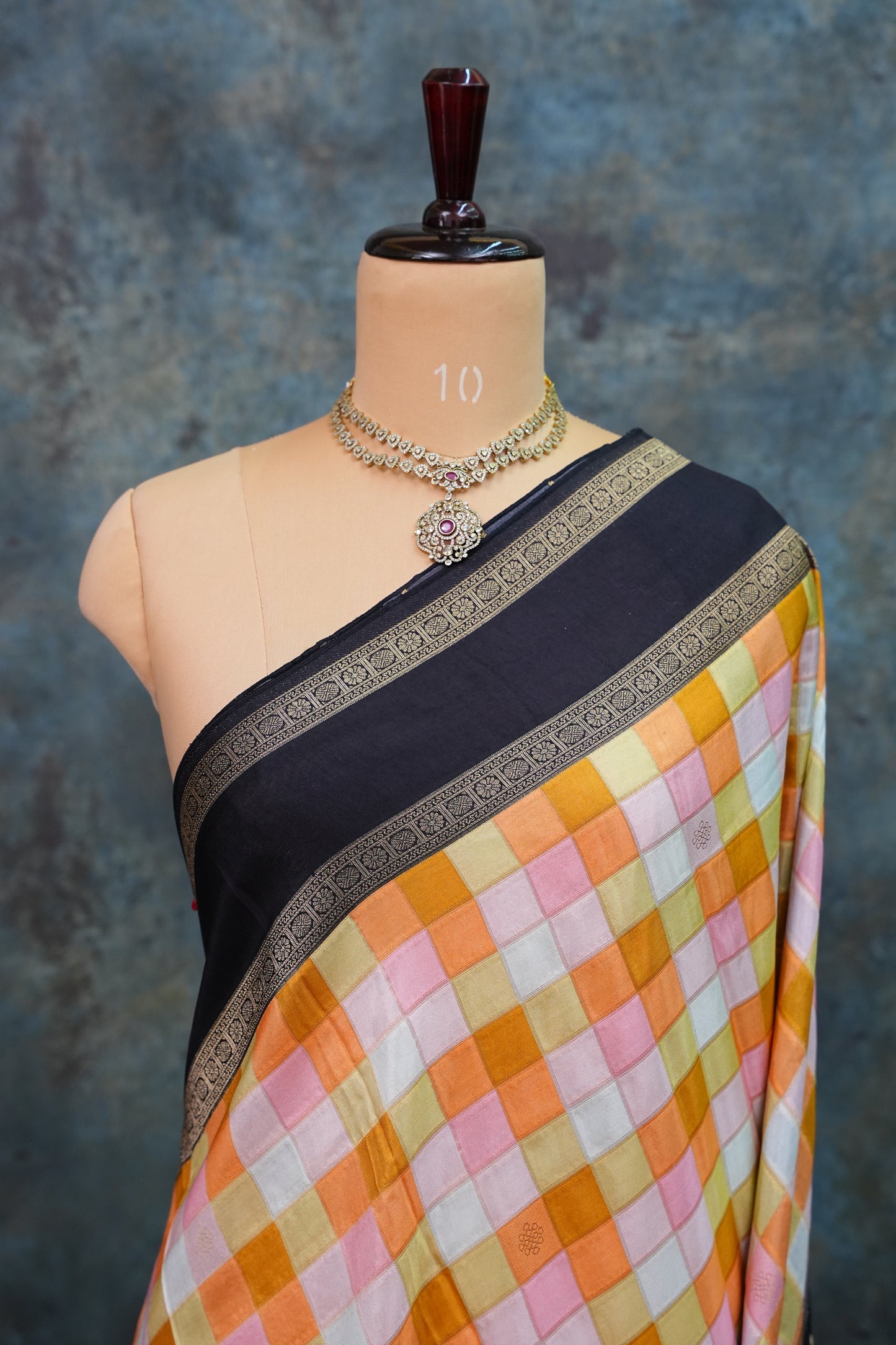 Munga Crepe Silk Saree – Pastel Multicolour Checks with Black Zari Pallu