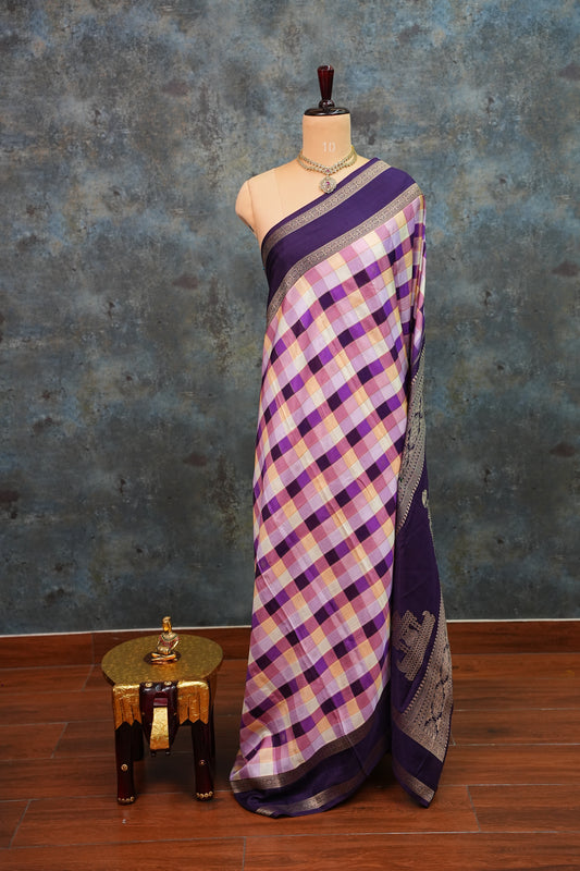 Munga Crepe Silk Saree – Purple Multicolour Checks with Deep Violet Zari Pallu