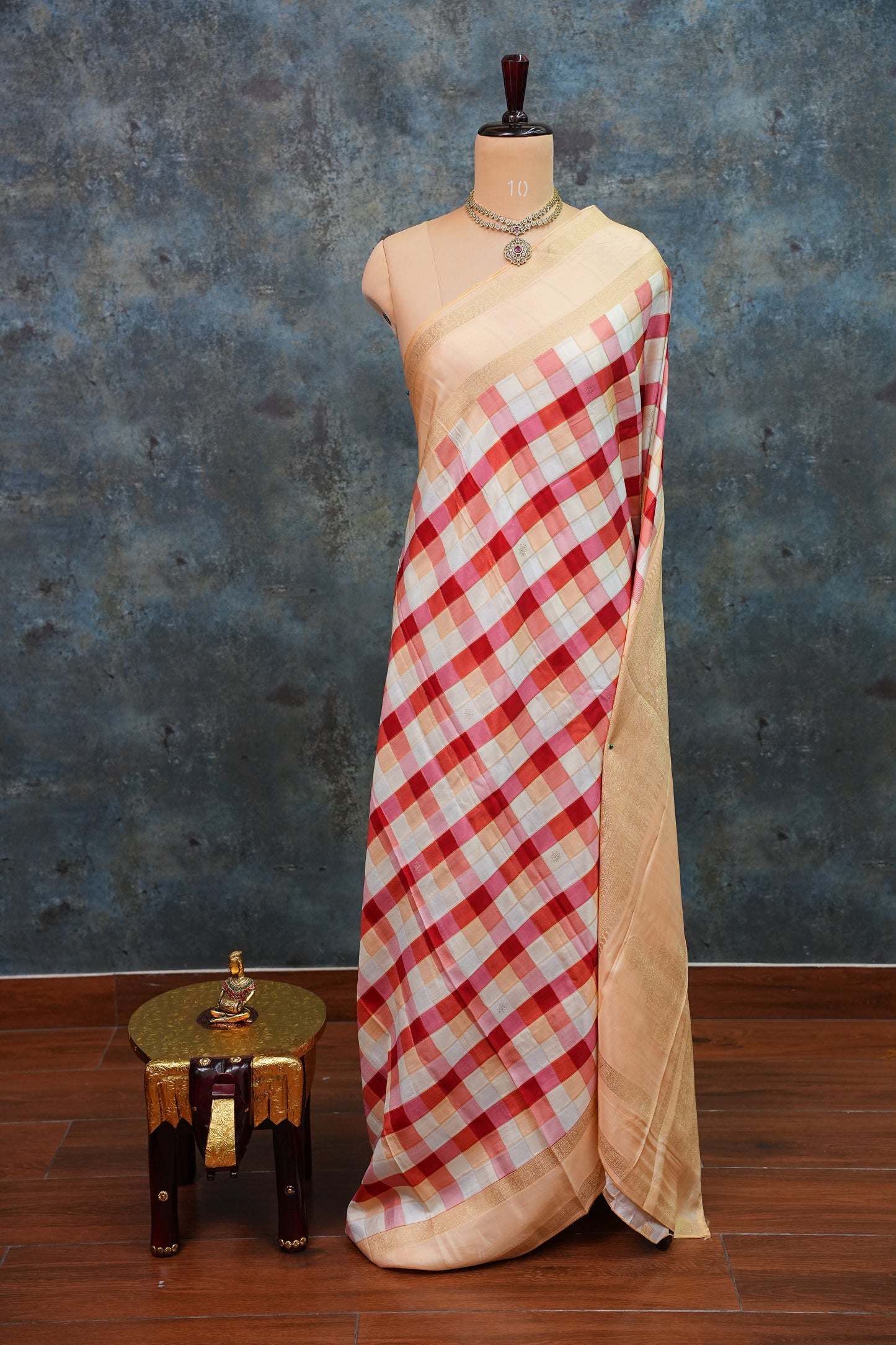 Munga Crepe Silk Saree – Multicolour Checks with Champagne Gold Zari Pallu