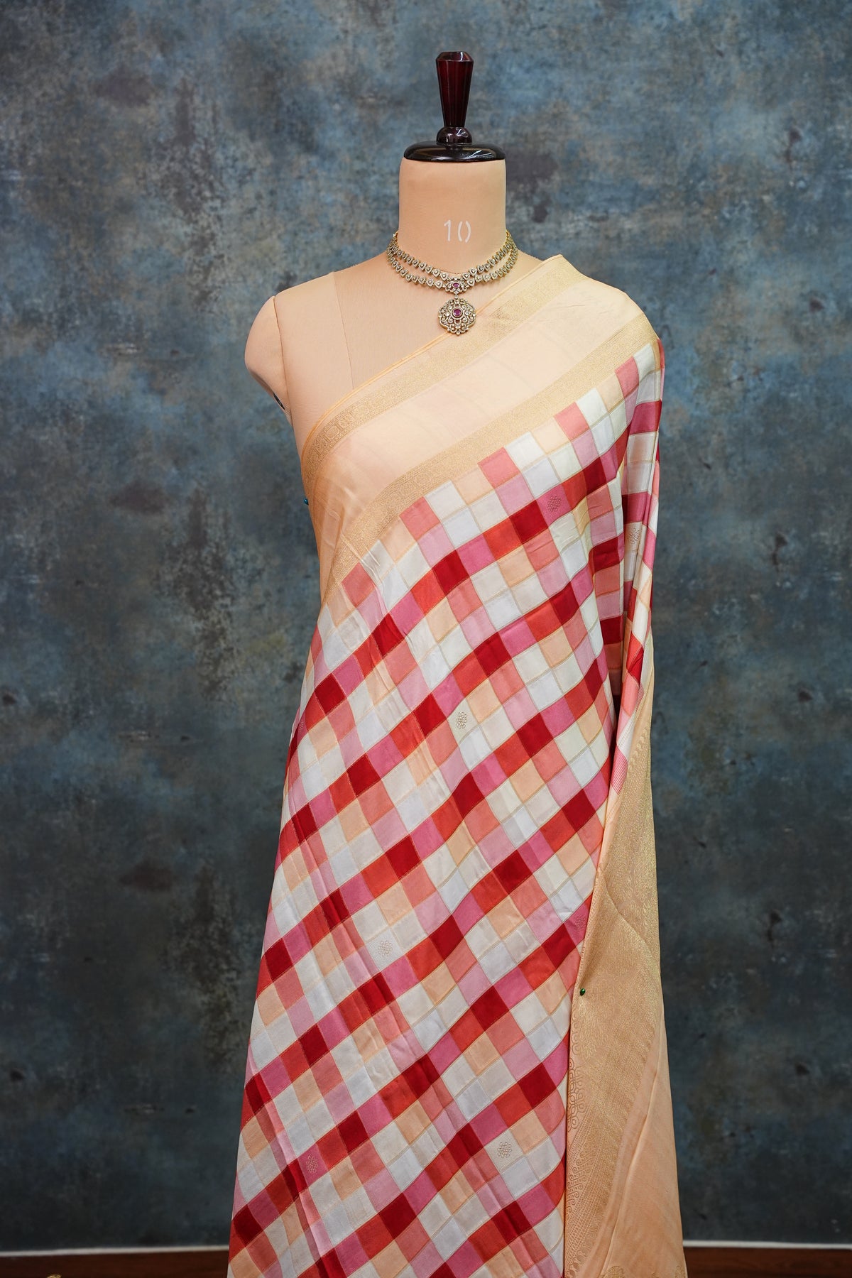 Munga Crepe Silk Saree – Multicolour Checks with Champagne Gold Zari Pallu