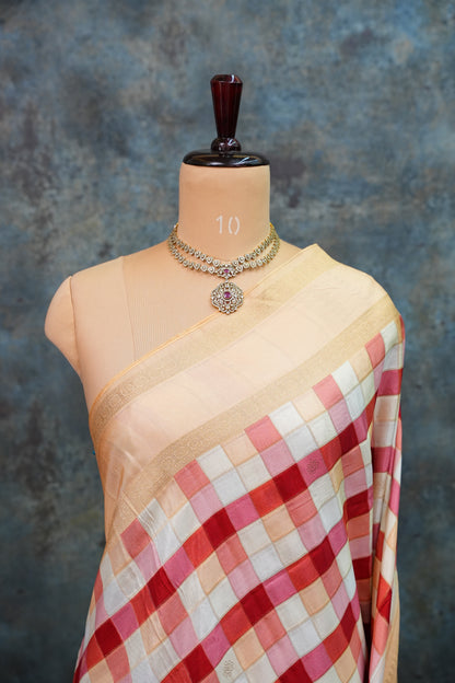 Munga Crepe Silk Saree – Multicolour Checks with Champagne Gold Zari Pallu