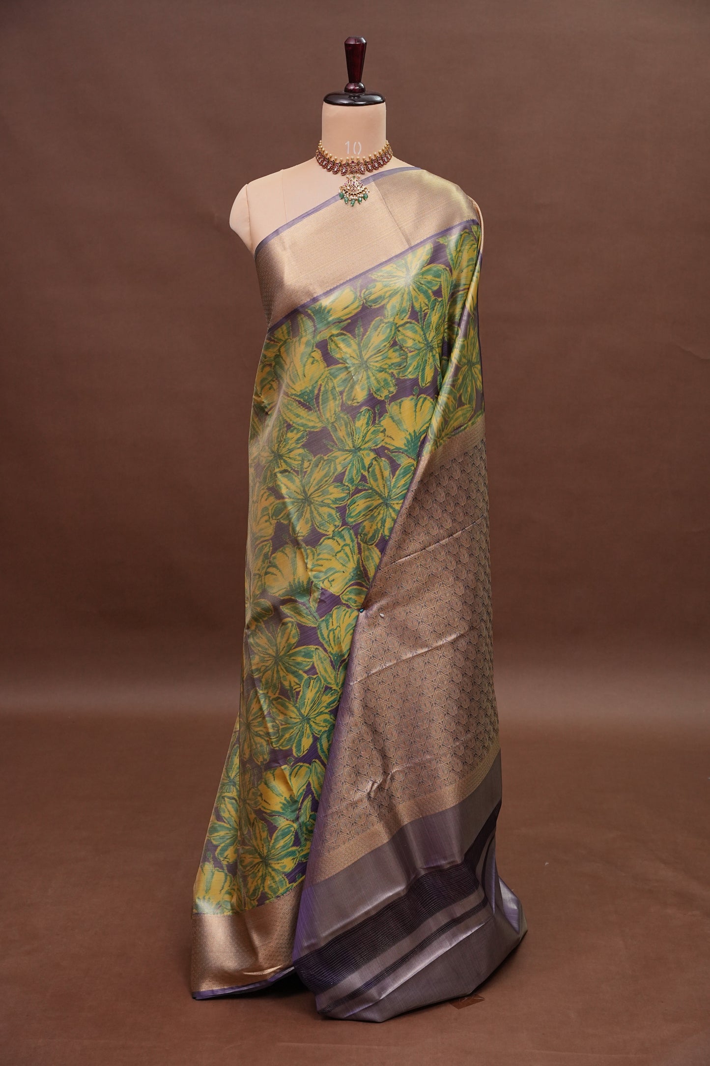 Digital Printed Semi Silk Saree - Muted Lavender Grey with Lime Yellow
