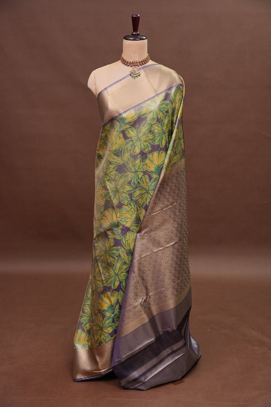 Digital Printed Semi Silk Saree - Muted Lavender Grey with Lime Yellow