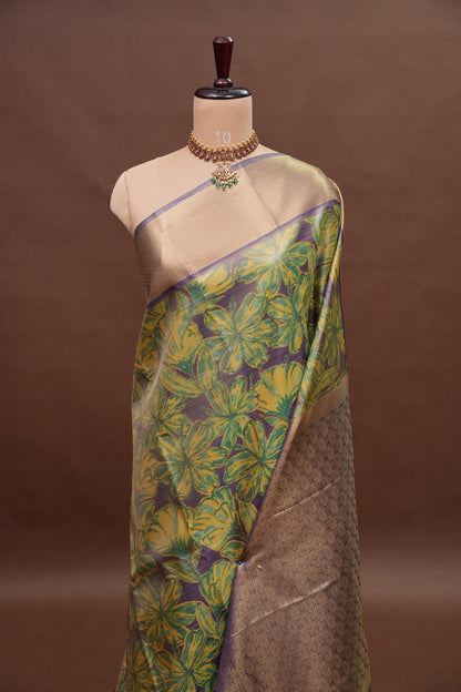 Digital Printed Semi Silk Saree - Muted Lavender Grey with Lime Yellow