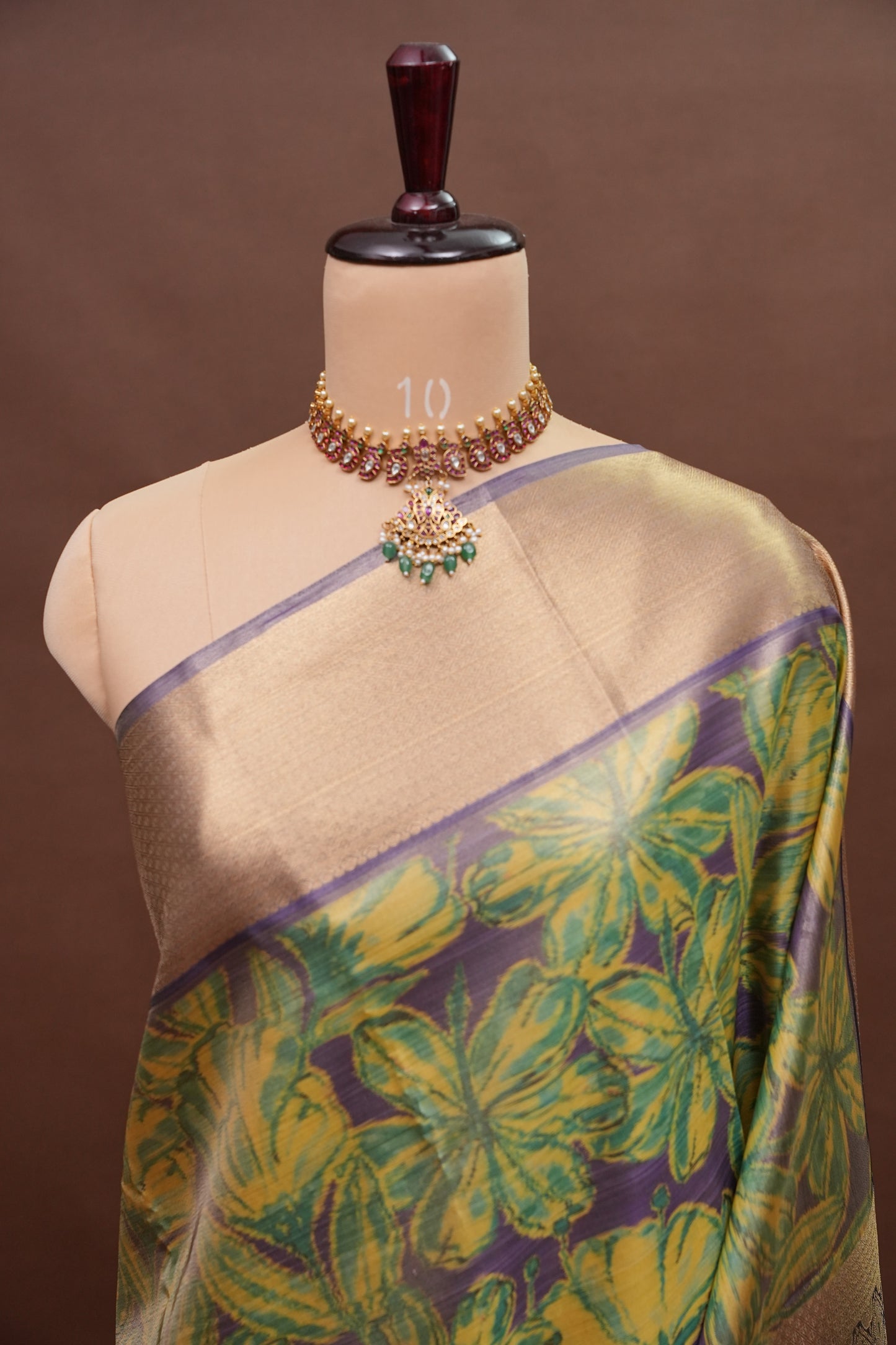 Digital Printed Semi Silk Saree - Muted Lavender Grey with Lime Yellow
