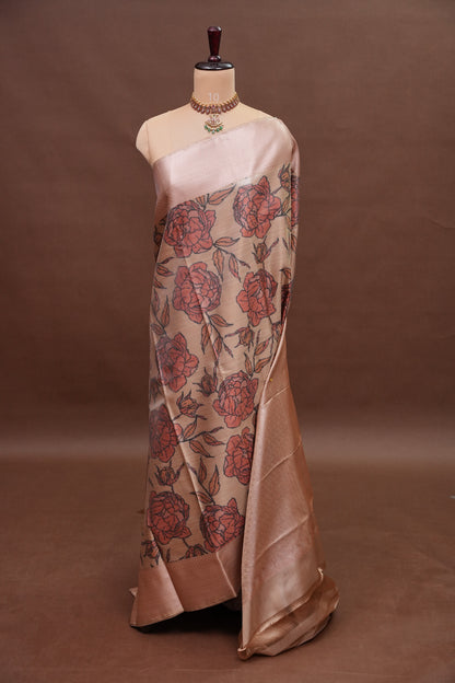 Digital Printed Semi Silk Saree - Peach Beige with Rust