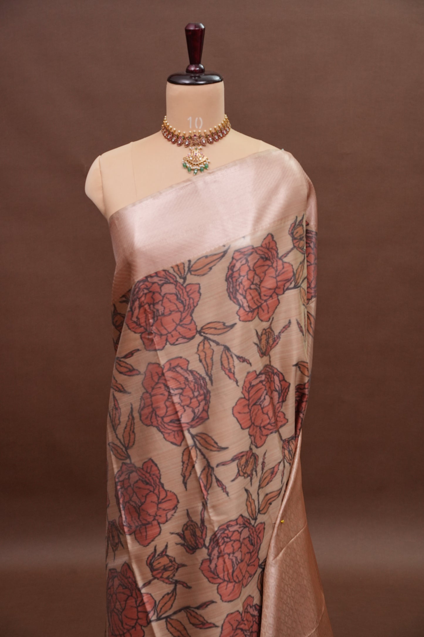 Digital Printed Semi Silk Saree - Peach Beige with Rust