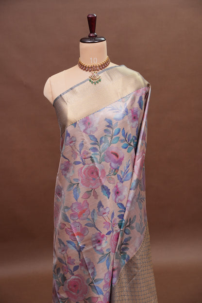 Digital Printed Semi Silk Saree - Pastel Pink Nude