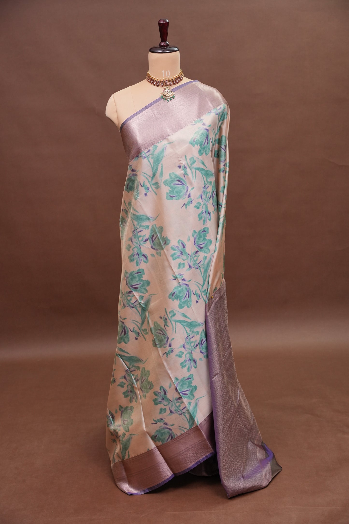 Digital Printed Semi Silk Saree - Ivory with Teal