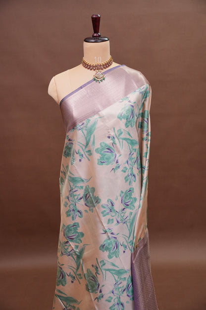 Digital Printed Semi Silk Saree - Ivory with Teal
