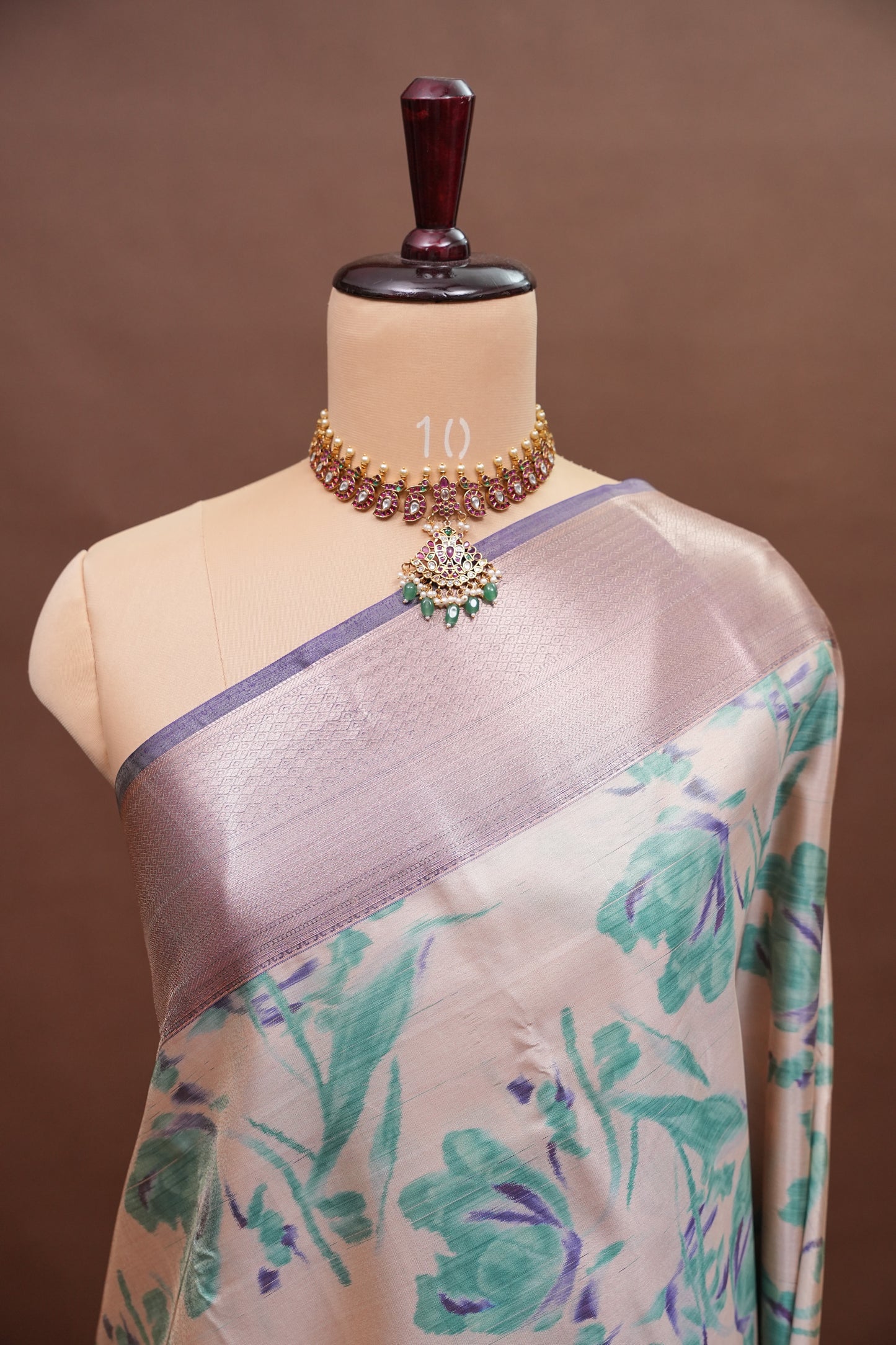 Digital Printed Semi Silk Saree - Ivory with Teal
