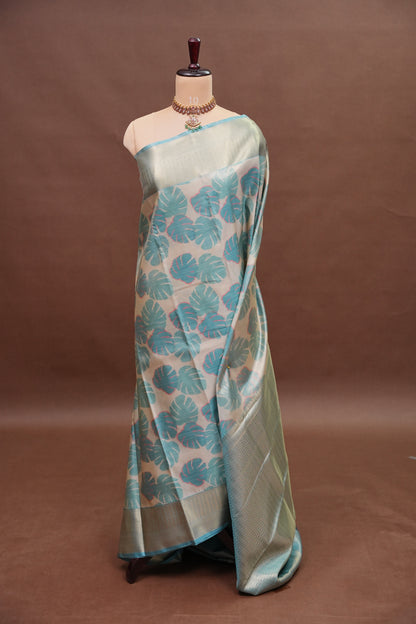 Digital Printed Semi Silk Saree – Ivory with Aqua Blue