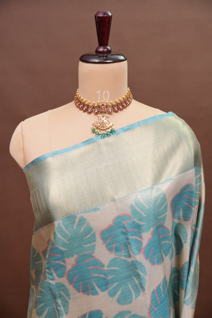 Digital Printed Semi Silk Saree – Ivory with Aqua Blue
