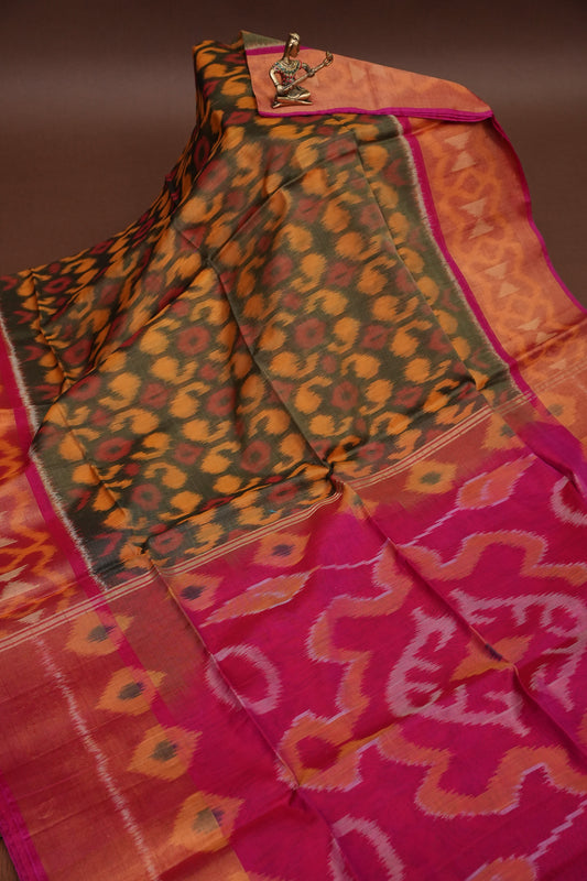Pure Ikkat Silk Cotton Saree - Mustard & Grey with Pink