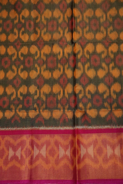 Pure Ikkat Silk Cotton Saree - Mustard & Grey with Pink