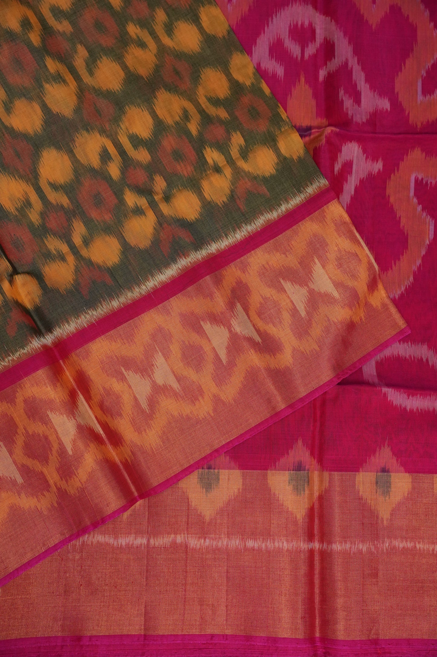 Pure Ikkat Silk Cotton Saree - Mustard & Grey with Pink