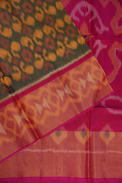 Pure Ikkat Silk Cotton Saree - Mustard & Grey with Pink