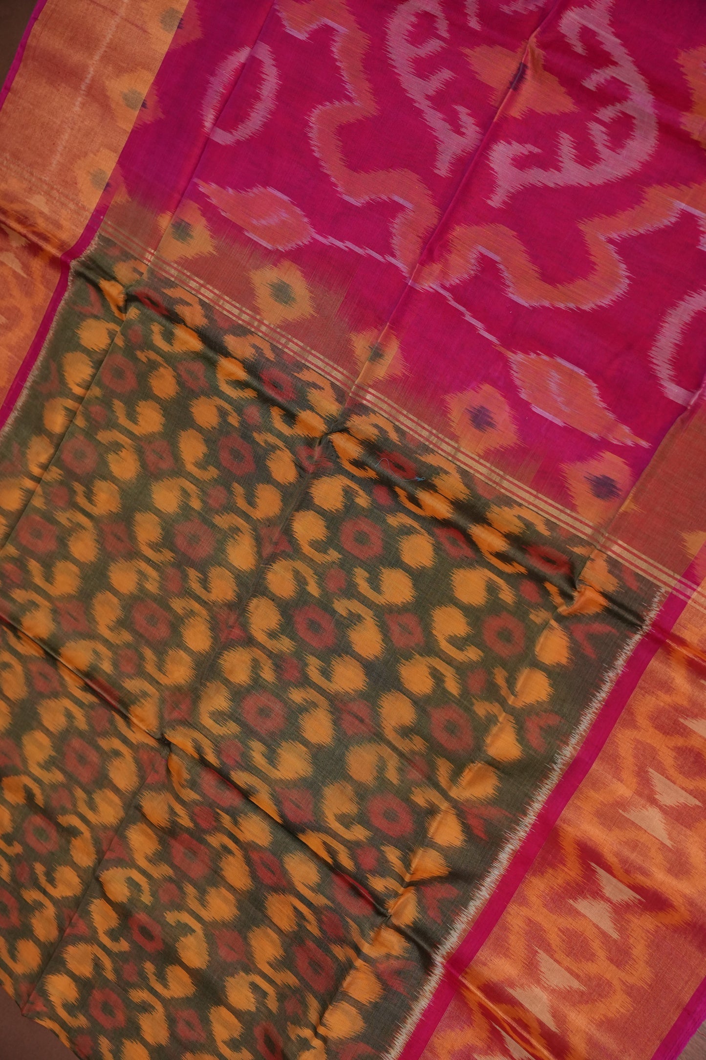 Pure Ikkat Silk Cotton Saree - Mustard & Grey with Pink
