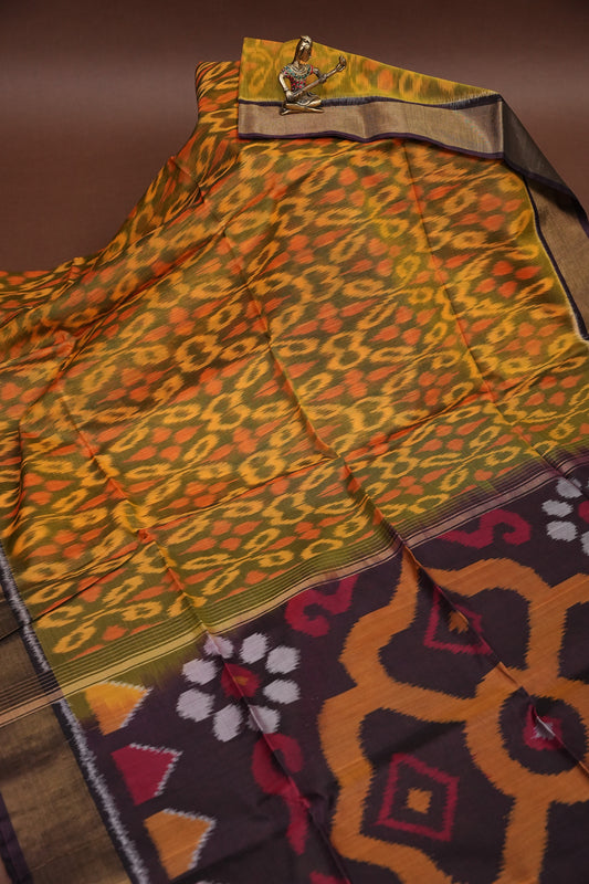 Pure Ikkat Silk Cotton Saree - Mustard with Coffee